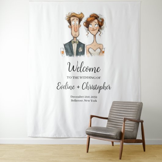 Trouwbanner Quirky Bride and Groom Waterverf Wandkleed (In situ)