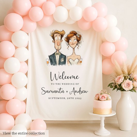 Trouwbanner Quirky Bride and Groom Waterverf Wandkleed