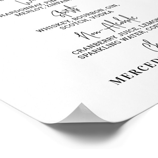 Trouwbar drankmenu gepersonaliseerde kalligrafie poster (Hoek)