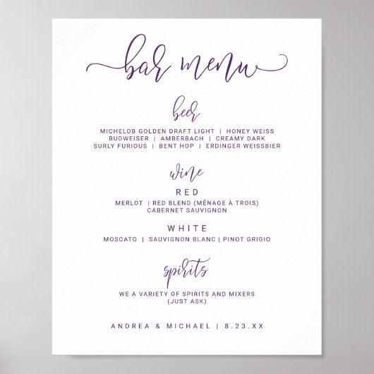 Trouwbarmenu's - Bounce Script (Paars / Pruim) Poster (Voorkant)