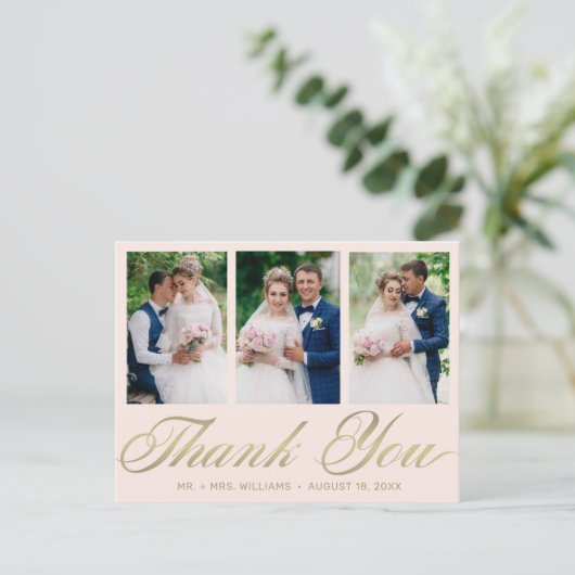Trouwbedankje 3 Photo Collage Blush Gold Briefkaart (Staand voorkant)