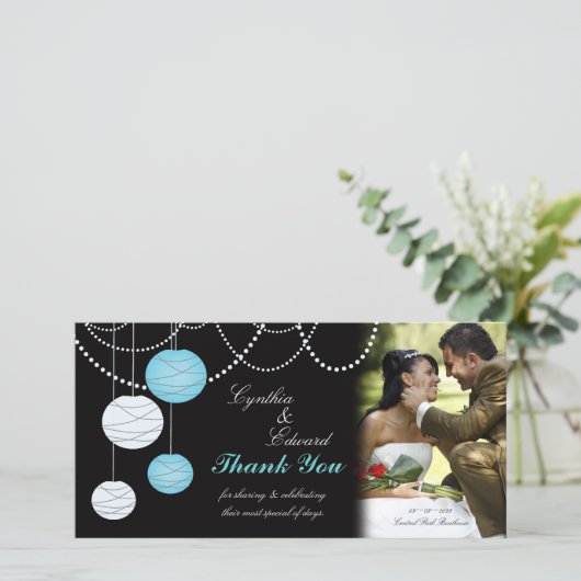 Trouwbedankje Aqua Blue Lanterns Fotokaart Bedankkaart (Staand voorkant)