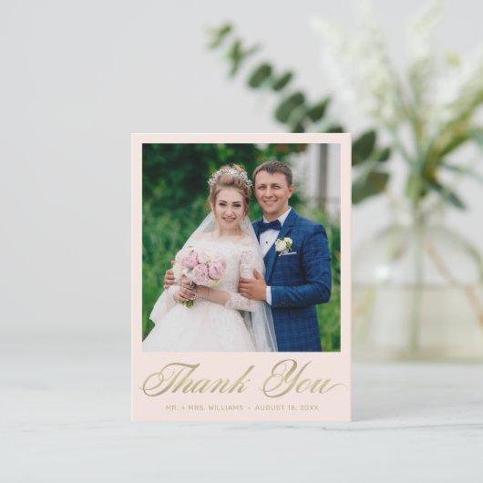 Trouwbedankje Blush Pink Photo Gold Script Briefkaart (Staand voorkant)