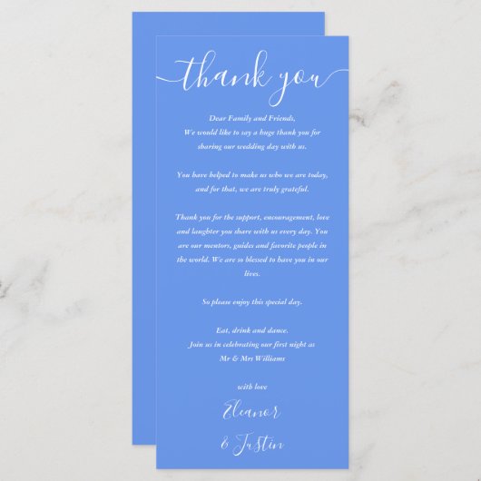 Trouwbedankje Cornflower Blue Place Card Menu (Voorkant / Achterkant)