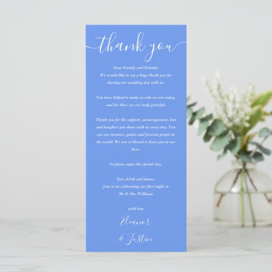 Trouwbedankje Cornflower Blue Place Card Menu (Staand voorkant)