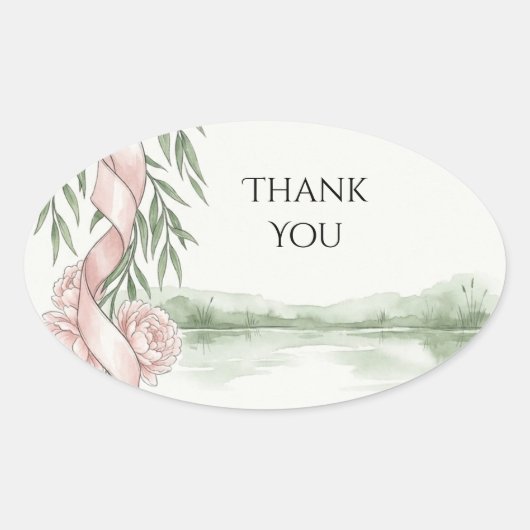 Trouwbedankje Pink Rozen Meer Ovale Sticker (Voorkant)