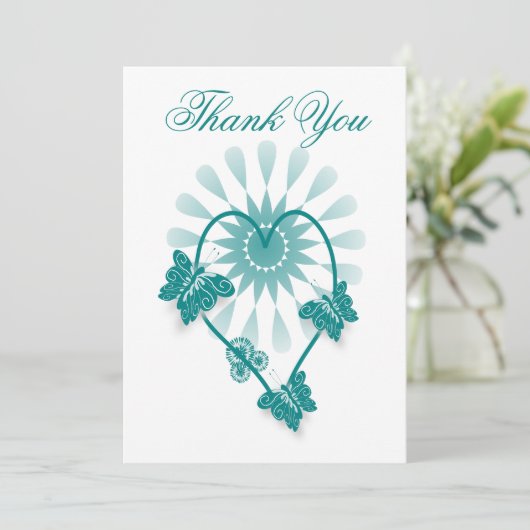 Trouwbedankkaart Blauwgroen vlinders hart Bedankkaart (Staand voorkant)