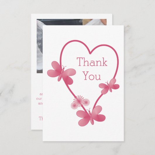Trouwbedankkaart Roze Hart en Vlinders Bedankkaart (Voorkant / Achterkant)
