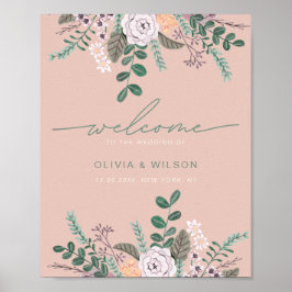 Trouwbegroeting met bloemige roze eucalyptus poster