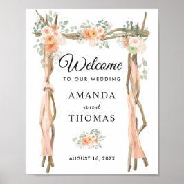 Trouwbegroeting met blozende bloemen houten boog poster