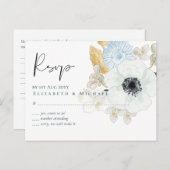 Trouwbegroting Navy White Goud Bloemen RSVP Briefkaart (Voorkant / Achterkant)