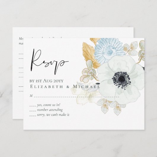 Trouwbegroting Navy White Goud Bloemen RSVP Briefkaart (Voorkant / Achterkant)