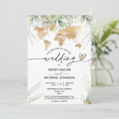 Trouwbestemming Gouden Wereldkaart Bloemige Uitnod Kaart (Staand voorkant)