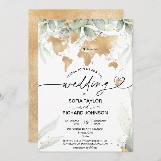 Trouwbestemming Gouden Wereldkaart Bloemige Uitnod Kaart (Voorkant / Achterkant)