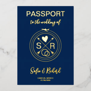 Trouwbestemming Paspoort Goud Folie vliegtuig hart Uitnodiging