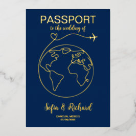Trouwbestemming Paspoort Goud Folie Wereldkaart F Uitnodiging