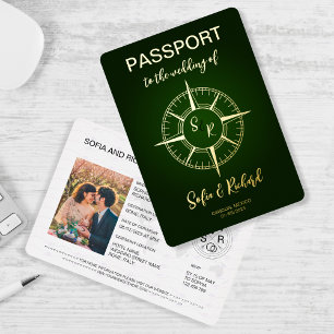 Trouwbestemming Paspoort Goud Kompas Monogram Folie Uitnodiging