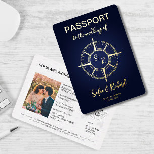 Trouwbestemming Paspoort Goud Kompas Monogram Folie Uitnodiging