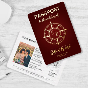 Trouwbestemming Paspoort Gouden Kompas Monogram Folie Uitnodiging
