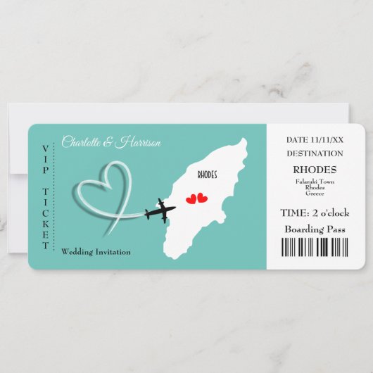 Trouwbestemming Rhodos Ticket Boarding Pass Kaart (Voorkant)