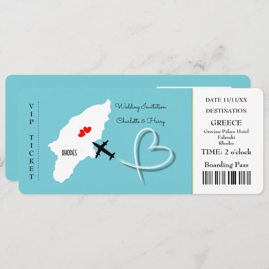 Trouwbestemming Rhodos Ticket Kaart (Voorkant / Achterkant)