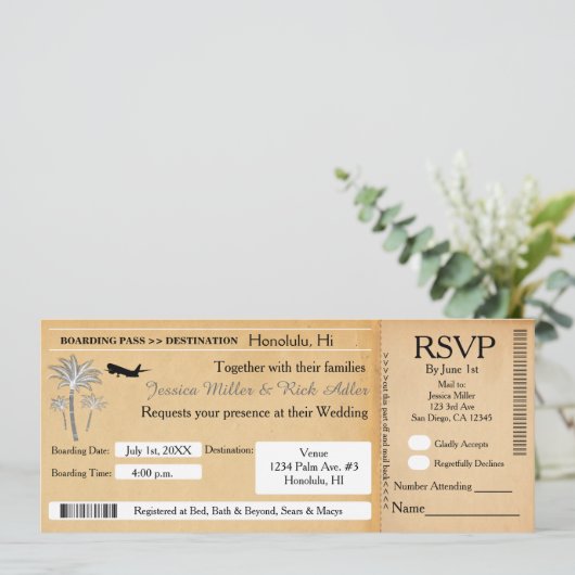 Trouwbestemming Ticket Uitnodiging RSVP Vintage (Staand voorkant)