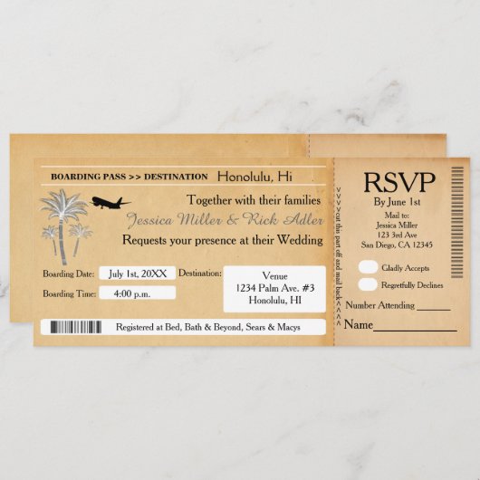 Trouwbestemming Ticket Uitnodiging RSVP Vintage (Voorkant / Achterkant)
