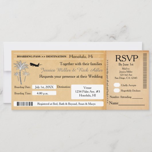 Trouwbestemming Ticket Uitnodiging RSVP Vintage (Voorkant)