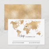 Trouwbestemming Wereldkaart Gouden Verplaatsbare H RSVP Kaartje (Voorkant / Achterkant)