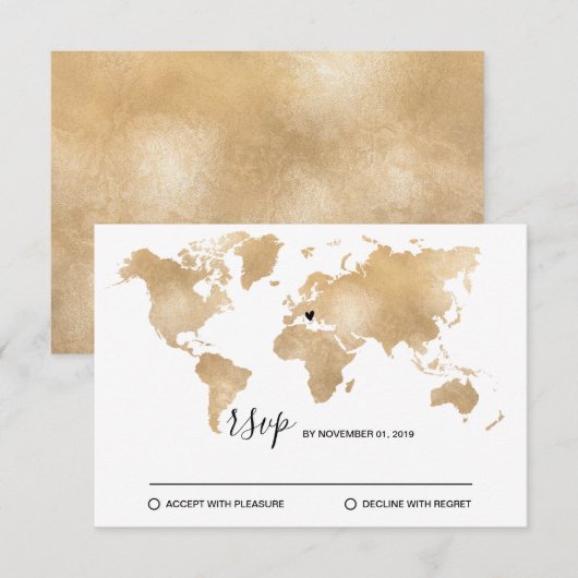 Trouwbestemming Wereldkaart Gouden Verplaatsbare H RSVP Kaartje (Voorkant / Achterkant)