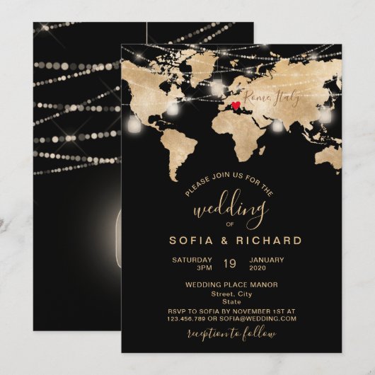 Trouwbestemming Wereldkaart Lichtpot en Hart Kaart (Voorkant / Achterkant)