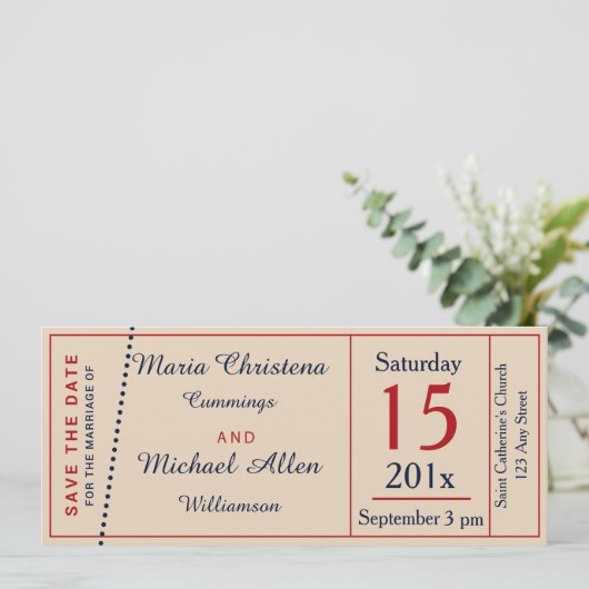 Trouwbiljet Retro Bewaar De Datum Aankondiging (Staand voorkant)