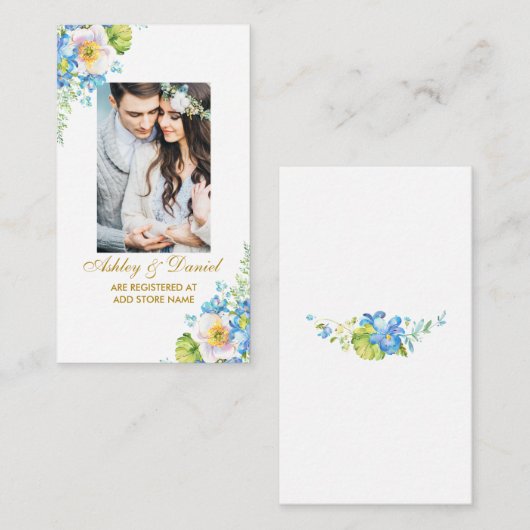 Trouwblauw Bloemen Fotoregister Invoegen Kaart (Voorkant / Achterkant)