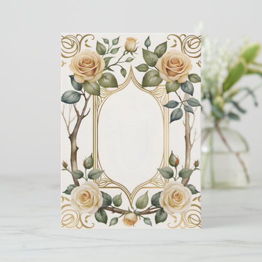 Trouwbloem en gouden lijst kaart (Staand voorkant)
