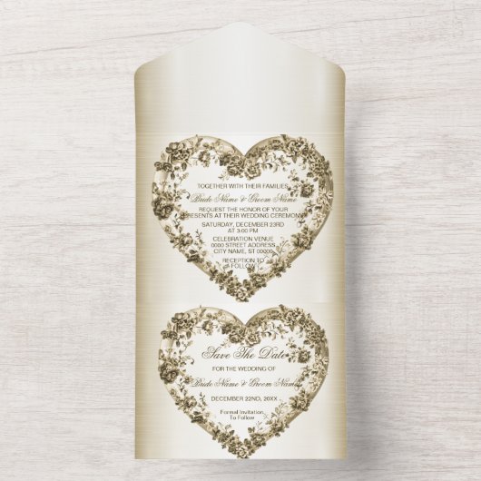 Trouwbloem Golden  Hart Lijst Elegant All In One Uitnodiging (Binnen)