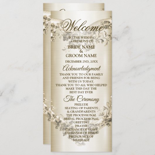 Trouwbloem Golden  Hart Lijst Elegant Programmakaart (Voorkant / Achterkant)