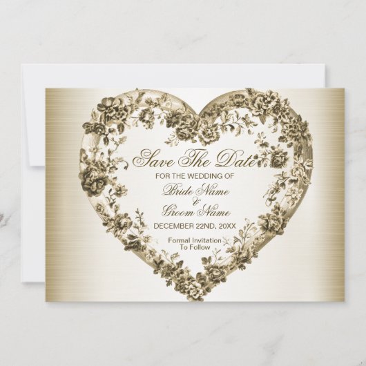 Trouwbloem Golden  Hart Lijst Elegant Save The Date (Voorkant)