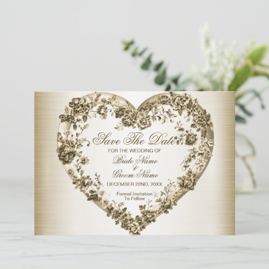 Trouwbloem Golden Hart Lijst Elegant Save The Date (Staand voorkant)