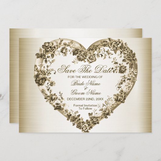 Trouwbloem Golden  Hart Lijst Elegant Save The Date (Voorkant / Achterkant)