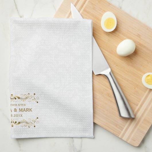 Trouwbloem gouden kant op witte damast theedoek (Quarter Fold)