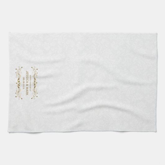 Trouwbloem gouden kant op witte damast theedoek (Horizontaal)