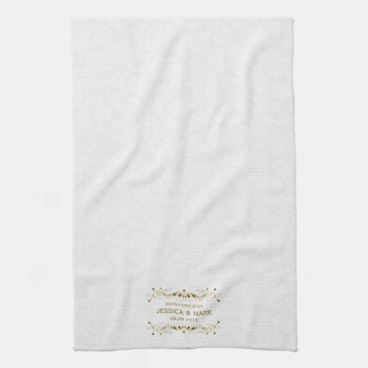 Trouwbloem gouden kant op witte damast theedoek (Verticaal)
