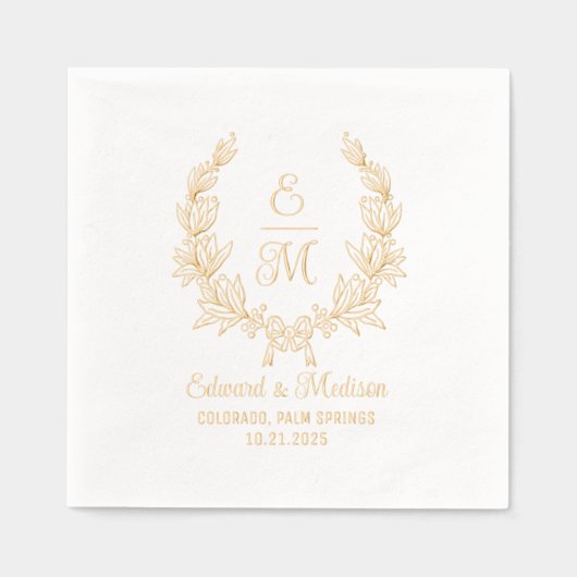Trouwbloem Laurel Krans Initialen Folie Servetten (Voorkant)