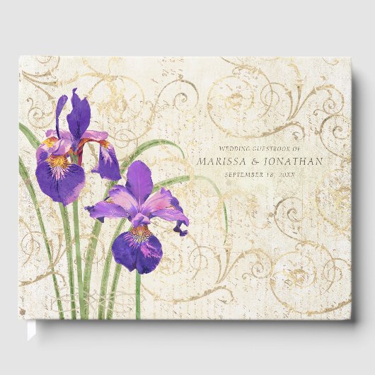 Trouwbloem Paarse Iris Goud Damask Gastenboek (Voorkant)