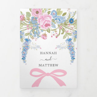 Trouwbloemen Aquarel Roze Blauwe Bruiloft Drieluik Uitnodiging