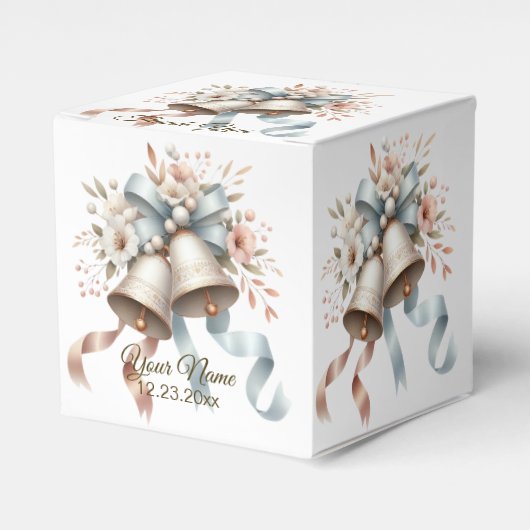 Trouwbloemen klokken roze blauwe linten mooi bedankdoosjes (Voorkant Zijde)