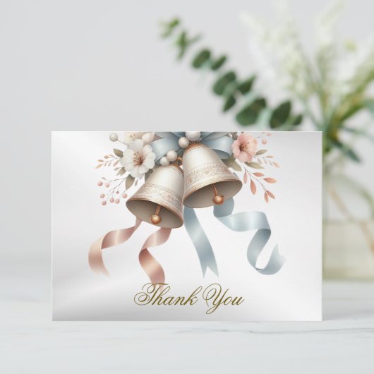 Trouwbloemen klokken roze blauwe linten mooi bedankkaart (Staand voorkant)