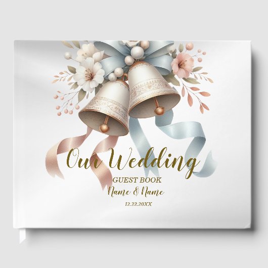 Trouwbloemen klokken roze blauwe linten mooi gastenboek (Voorkant)