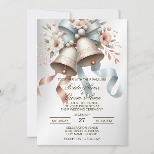 Trouwbloemen klokken roze blauwe linten mooi kaart (Voorkant)