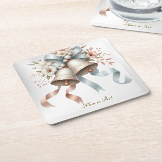 Trouwbloemen klokken roze blauwe linten mooi kartonnen onderzetters (Schuin)